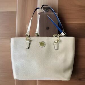 Anne Klein Saffiano Tote Beige Blue Interior Gold Chain Work Office Quiet Luxury